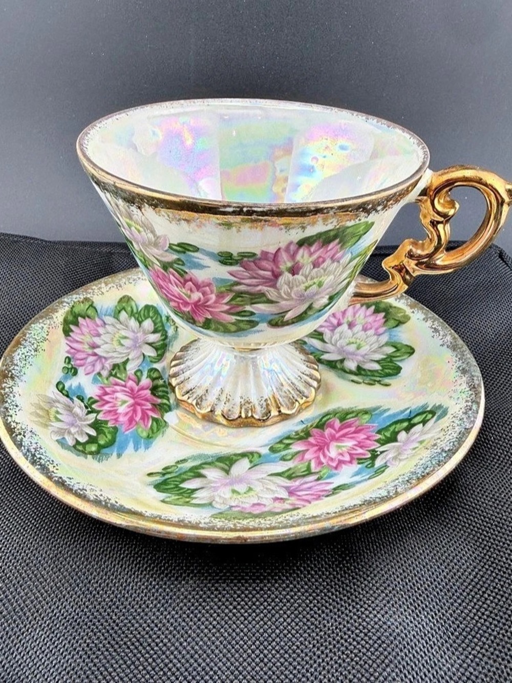 Sterling China July Water Lily Lusterware Footed Teacup and Saucer Set Floral